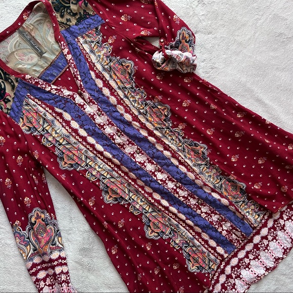Aratta Dresses & Skirts - Aratta Silent Journey Floral Paisley Boho Lace Velvet Button Tunic Dress Sz S